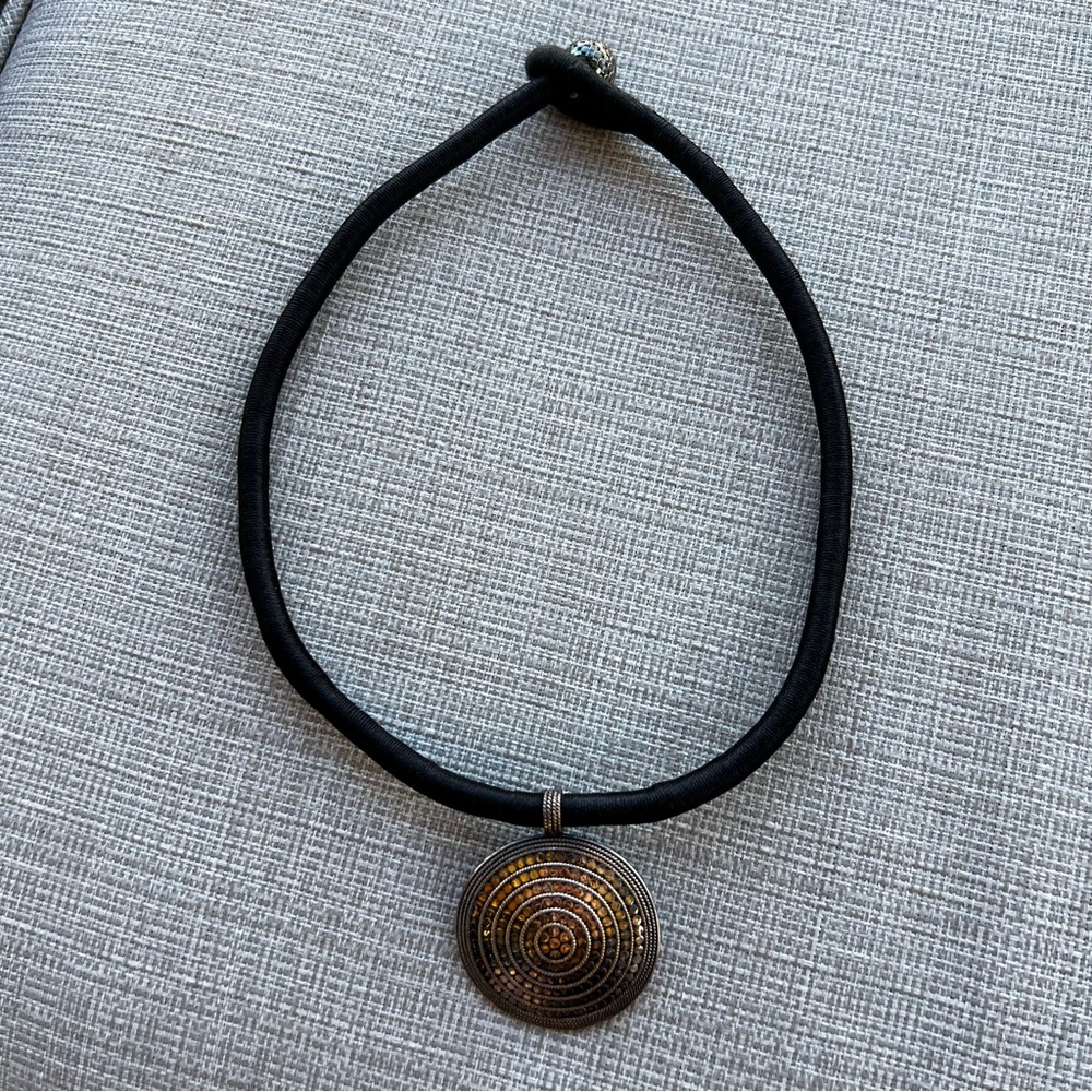 Anna Beck Black Cord Necklace with Antiqued Gold Disc Pendant